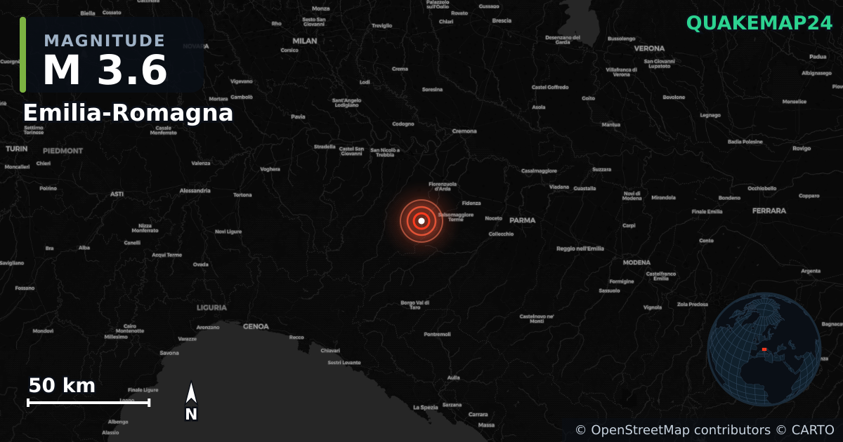 M3.6 earthquake near Emilia-Romagna on May 4, 2025 — map of epicenter and shaking intensity | QuakeMap24
