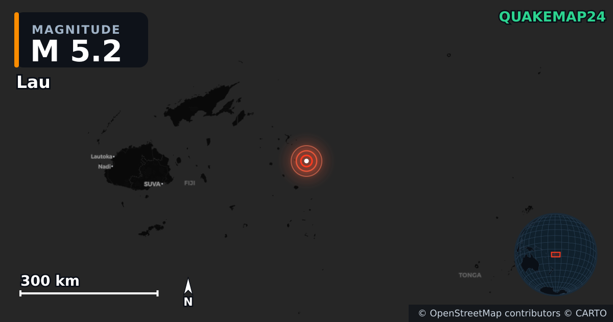M5.2 earthquake near Lau on Jan 6, 2026 — map of epicenter and shaking intensity | QuakeMap24