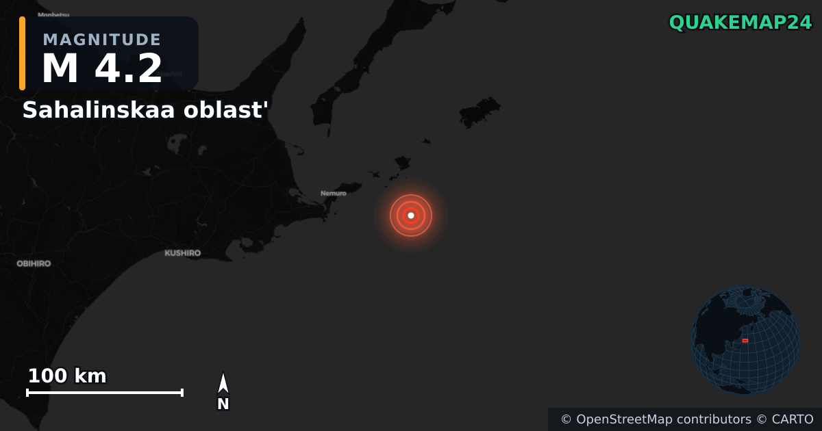 M4.2 earthquake near Sahalinskaa oblast' on Aug 12, 2025 — map of epicenter and shaking intensity | QuakeMap24