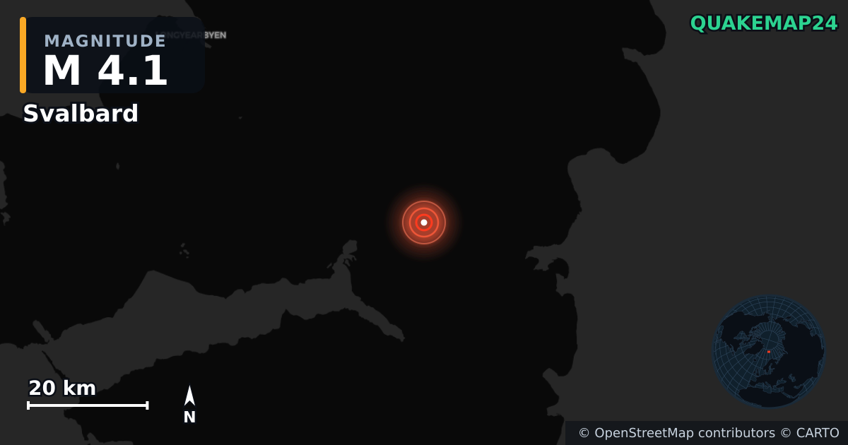 M4.1 earthquake near Svalbard on Jul 27, 2026 — map of epicenter and shaking intensity | QuakeMap24