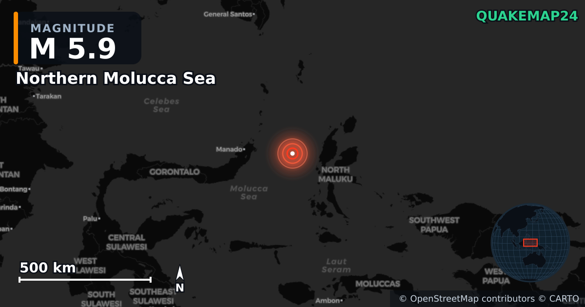 Erdbeben M5,9 bei Northern Molucca Sea — Karte der Lage des Epizentrums
