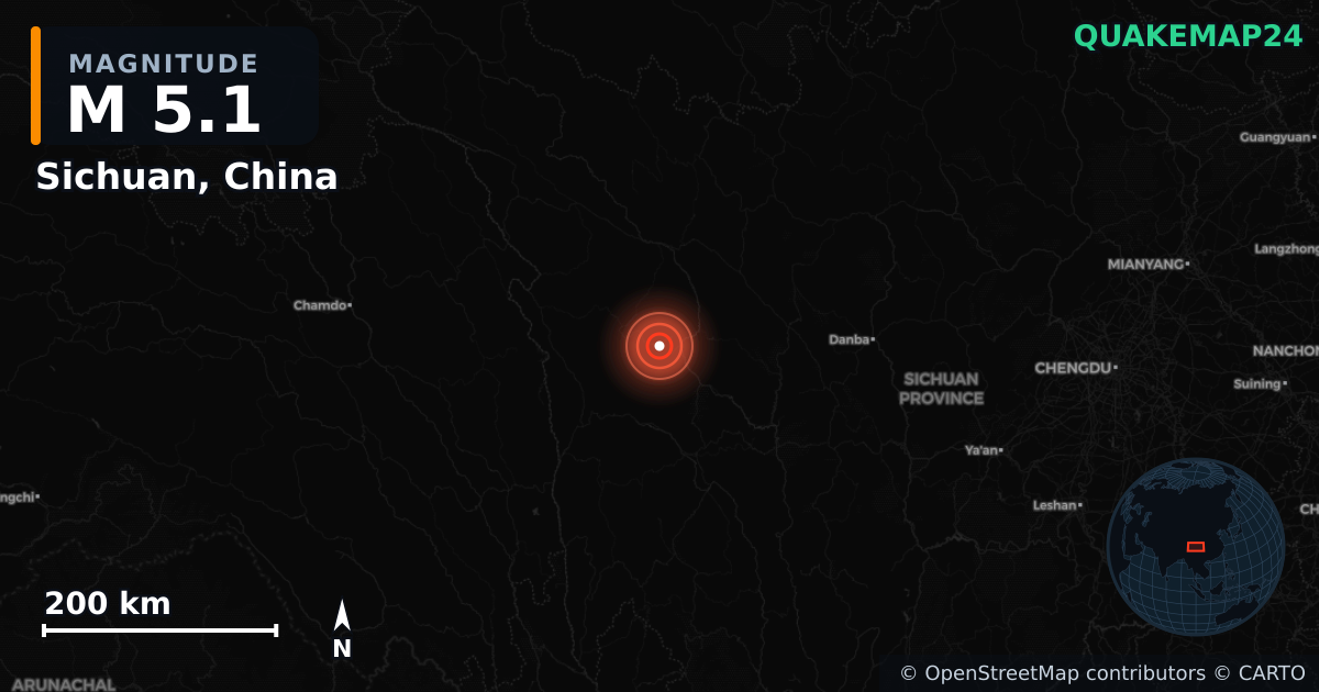 M5.1 earthquake near Sichuan, China on Oct 9, 2025 — map of epicenter and shaking intensity | QuakeMap24