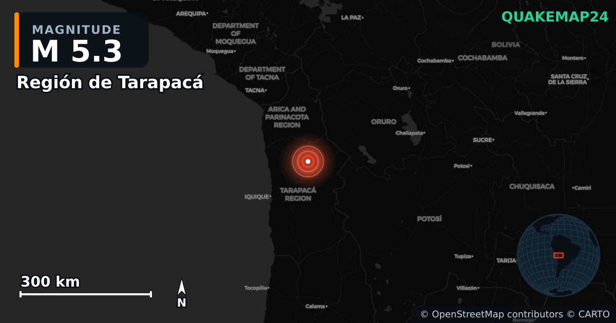 M5.3 earthquake near Región de Tarapacá on Sep 25, 2025 — map of epicenter and shaking intensity | QuakeMap24