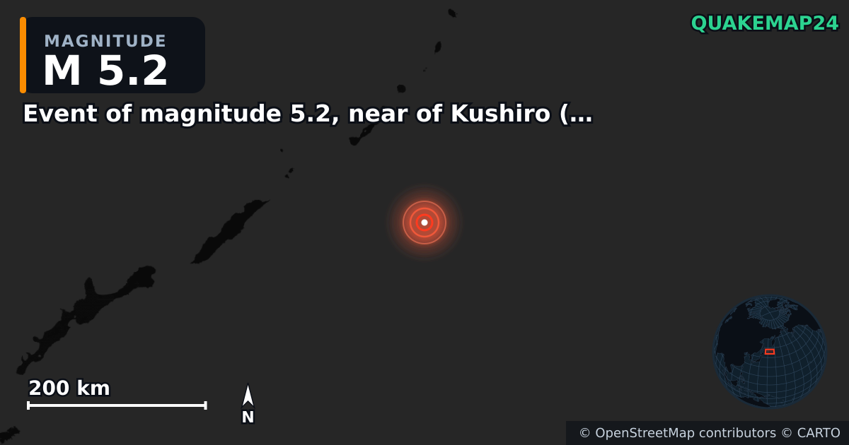 M5.2 earthquake near Event of magnitude 5.2, near of Kushiro (Monde) on Mar 17, 2026 — map of epicenter and shaking intensity | QuakeMap24