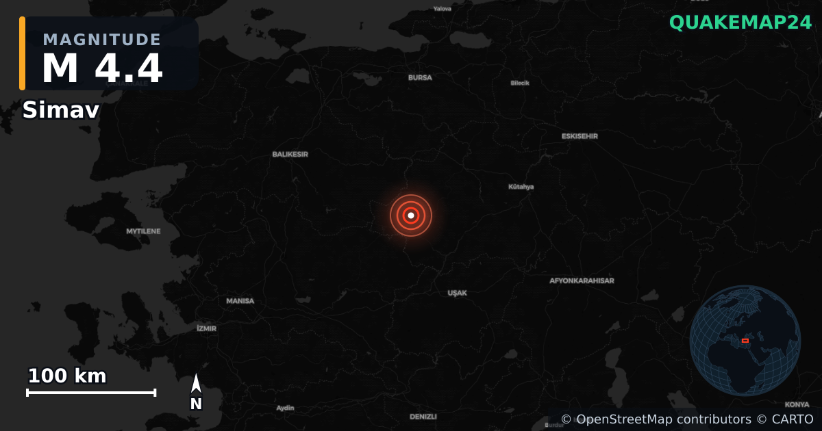 M4.4 earthquake near Simav on Jun 10, 2025 — map of epicenter and shaking intensity | QuakeMap24