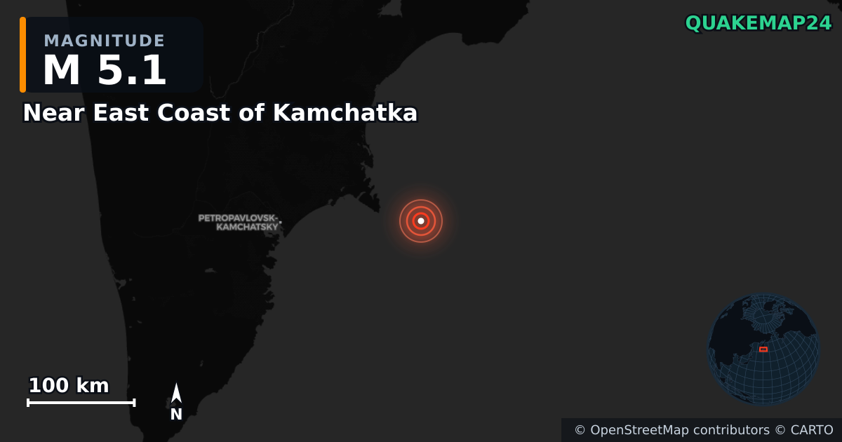 M5.1 earthquake near Near East Coast of Kamchatka on Sep 19, 2025 — map of epicenter and shaking intensity | QuakeMap24