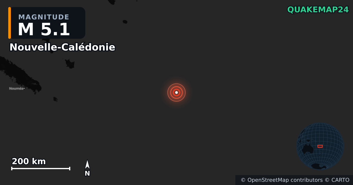 M5.1 earthquake near Nouvelle-Calédonie on Jan 8, 2026 — map of epicenter and shaking intensity | QuakeMap24