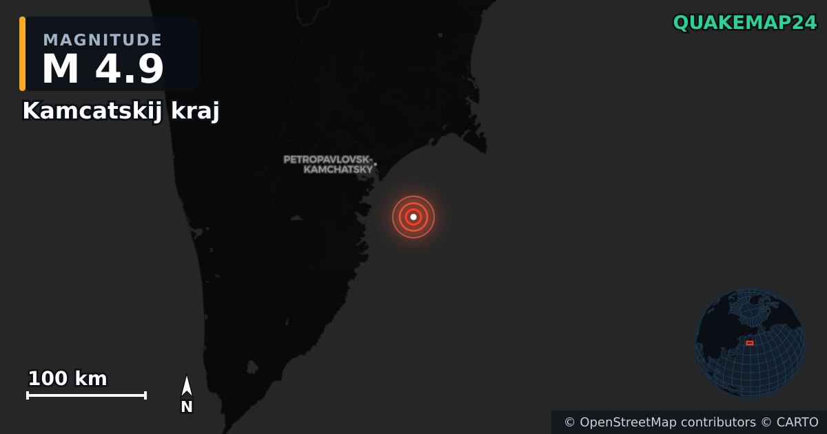 M4.9 earthquake near Kamcatskij kraj on Jul 24, 2025 — map of epicenter and shaking intensity | QuakeMap24