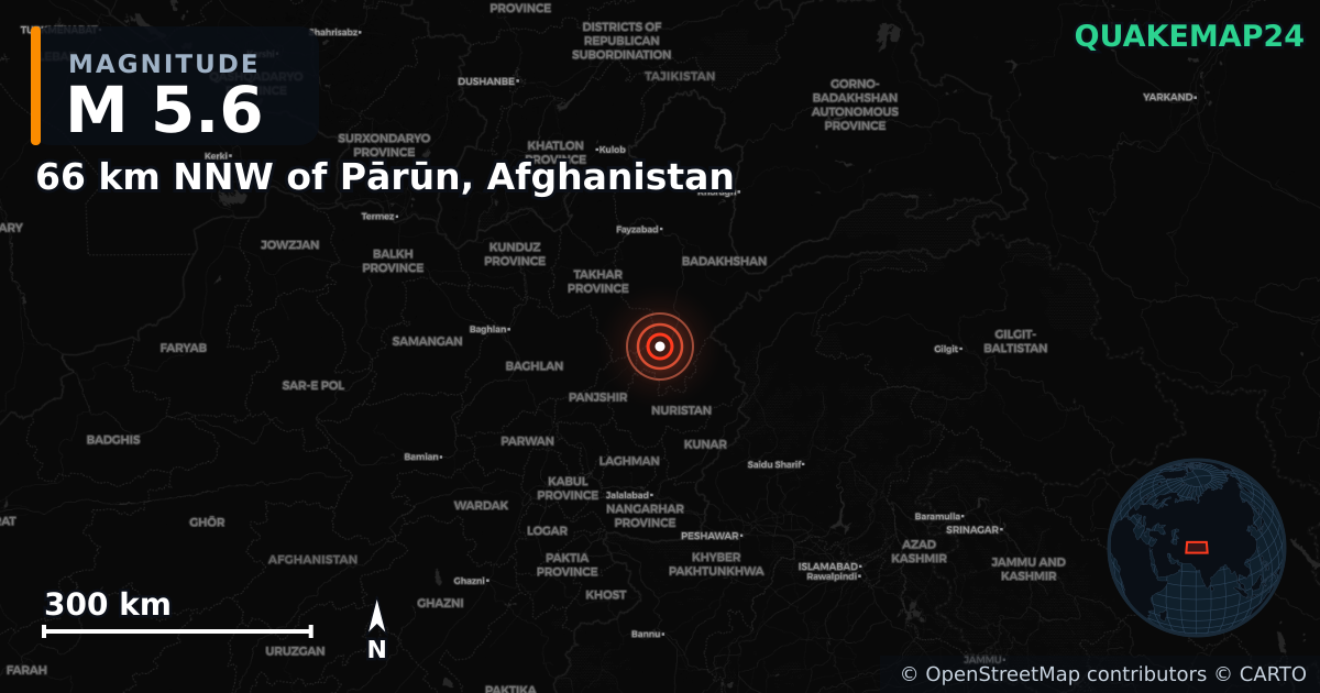 M5.6 earthquake near 66 km NNW of Pārūn, Afghanistan on Apr 15, 2025 — map of epicenter and shaking intensity | QuakeMap24