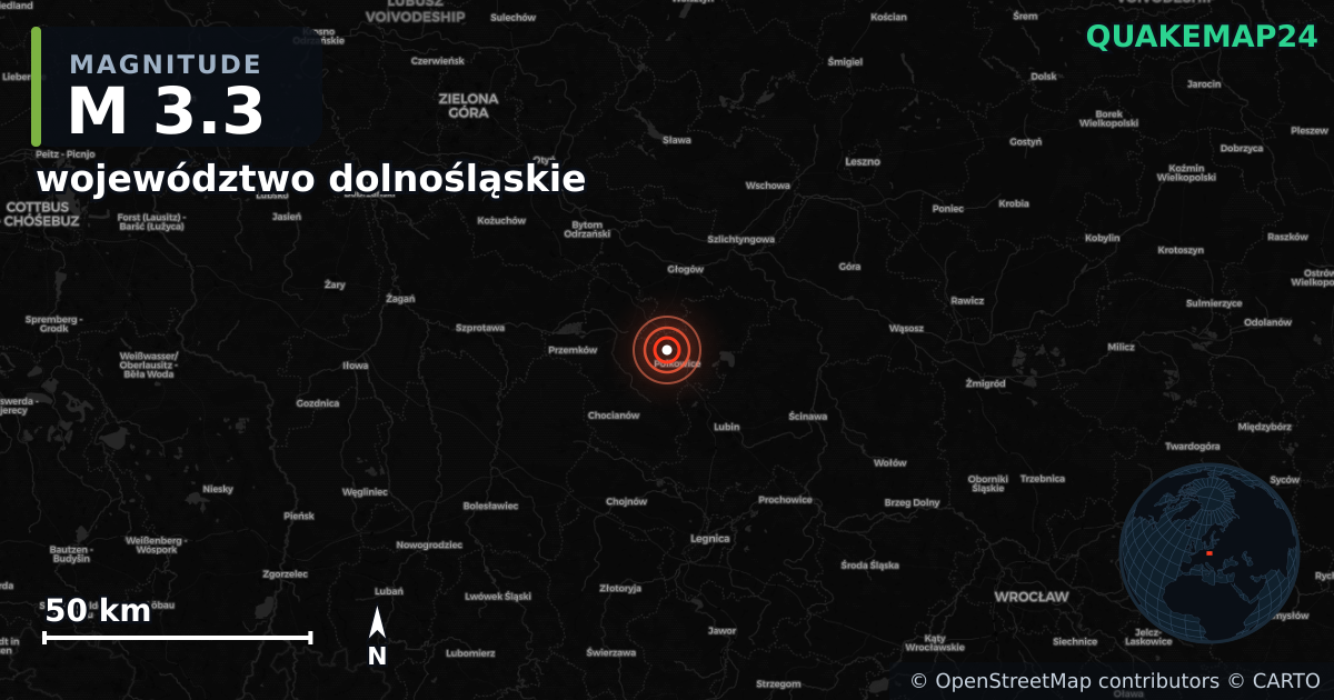 M3.3 earthquake near województwo dolnośląskie on Dec 8, 2025 — map of epicenter and shaking intensity | QuakeMap24