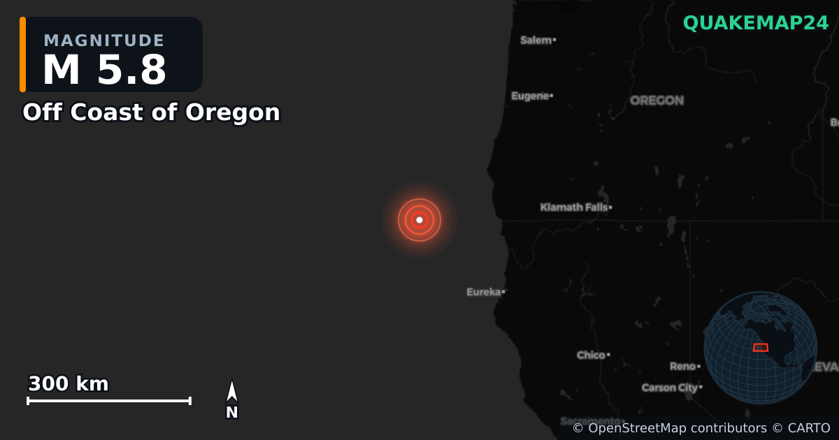 M5.8 earthquake near Off Coast of Oregon on Jun 3, 2026 — map of epicenter and shaking intensity | QuakeMap24