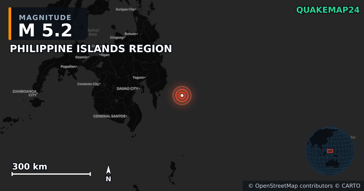 M5.2 earthquake near PHILIPPINE ISLANDS REGION on Oct 10, 2025 — map of epicenter and shaking intensity | QuakeMap24