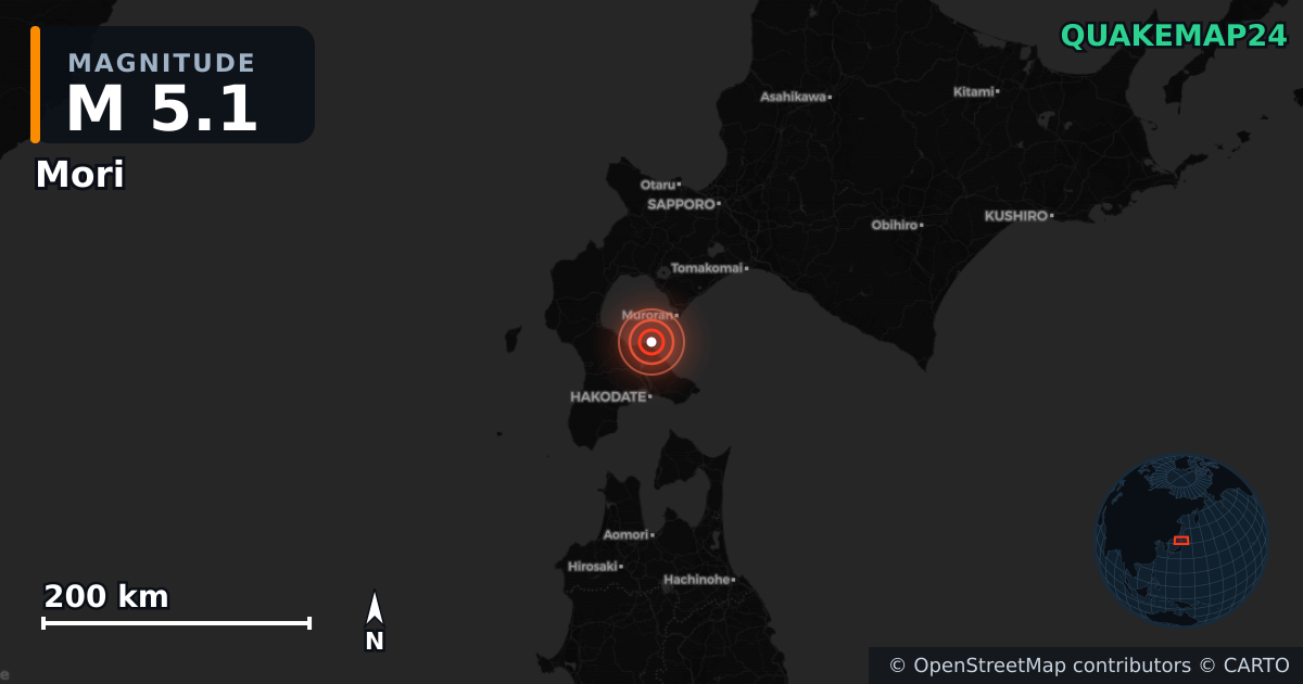 M5.1 earthquake near Mori on Aug 18, 2025 — map of epicenter and shaking intensity | QuakeMap24