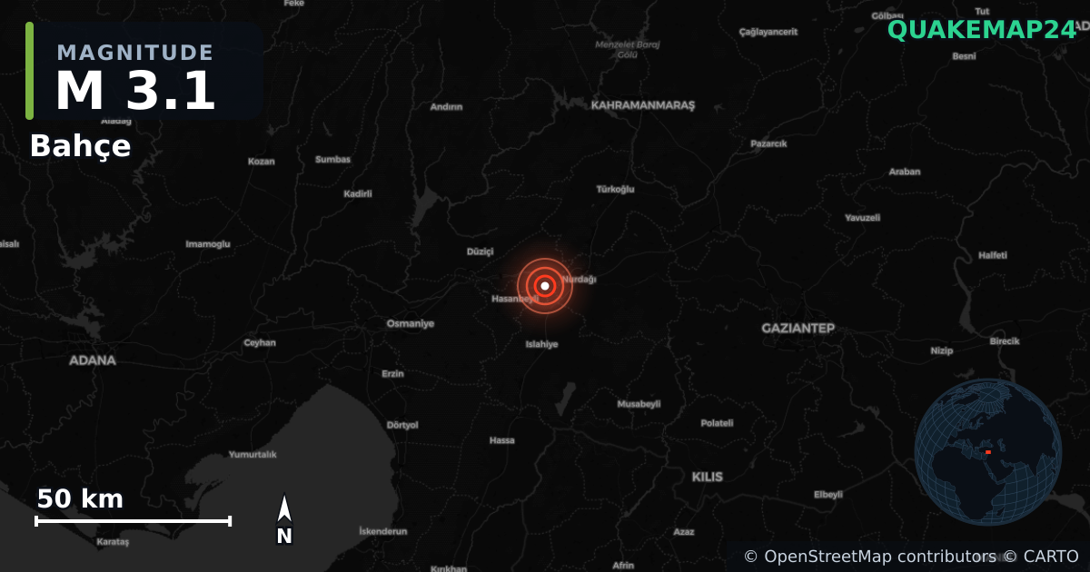 M3.1 earthquake near Bahçe on Nov 20, 2025 — map of epicenter and shaking intensity | QuakeMap24