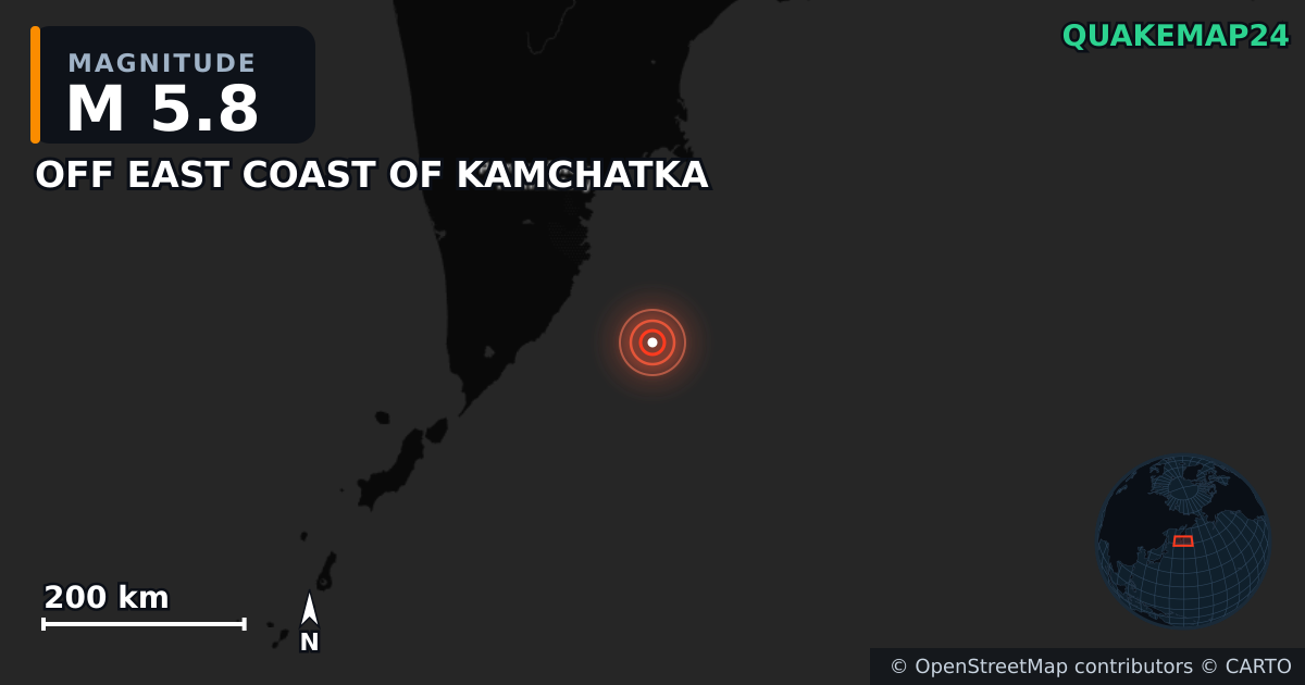 M5.8 earthquake near OFF EAST COAST OF KAMCHATKA on Aug 6, 2025 — map of epicenter and shaking intensity | QuakeMap24