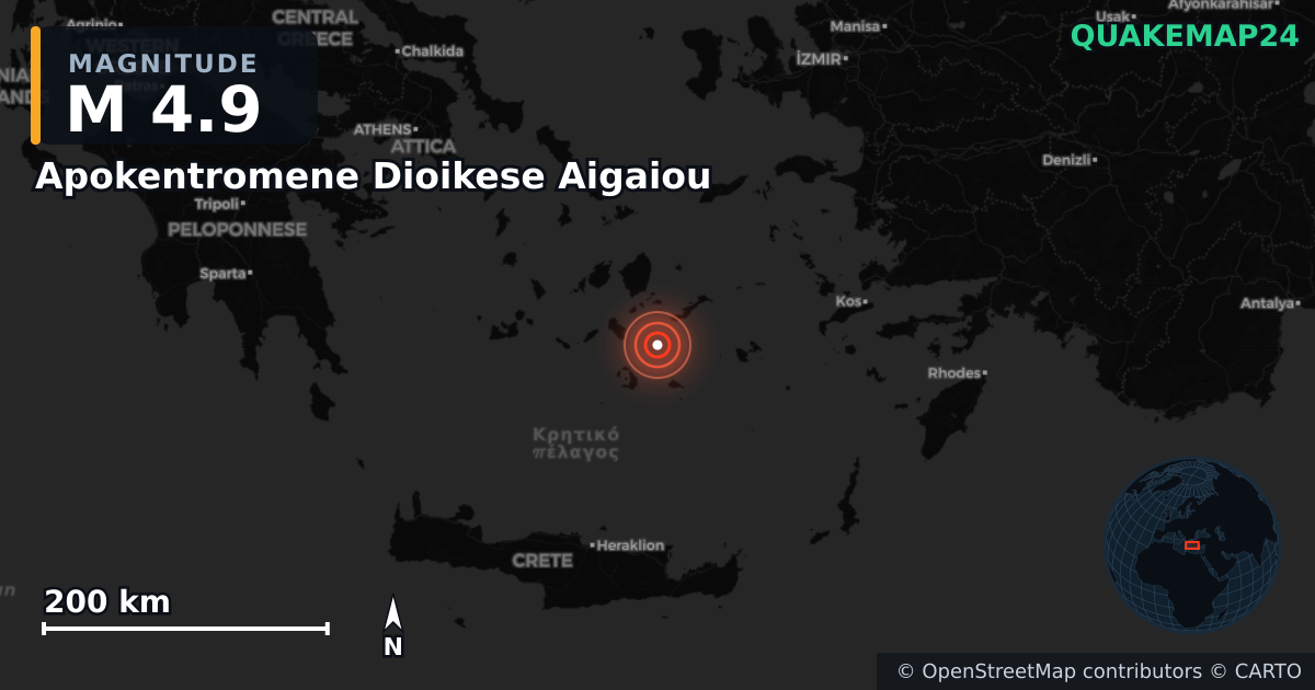 M4.9 earthquake near Apokentromene Dioikese Aigaiou on May 12, 2025 — map of epicenter and shaking intensity | QuakeMap24