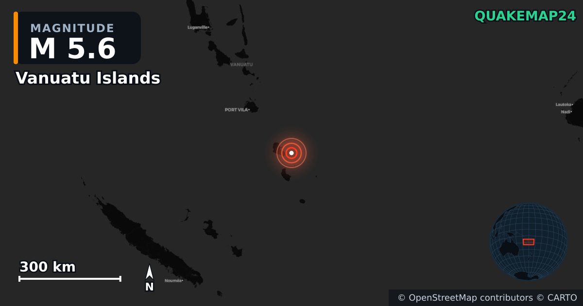 M5.6 earthquake near Vanuatu Islands on Apr 2, 2026 — map of epicenter and shaking intensity | QuakeMap24