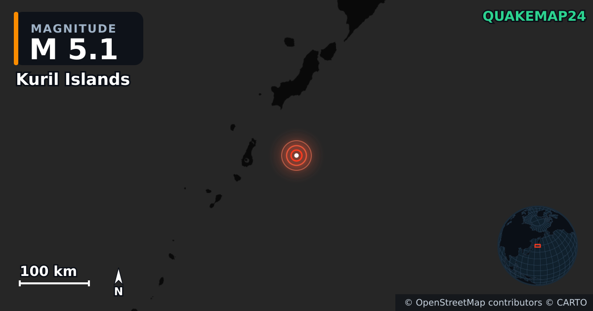 Kuril Islands yakınında M5,1 deprem — Deprem merkez üssünün konumunu gösteren harita