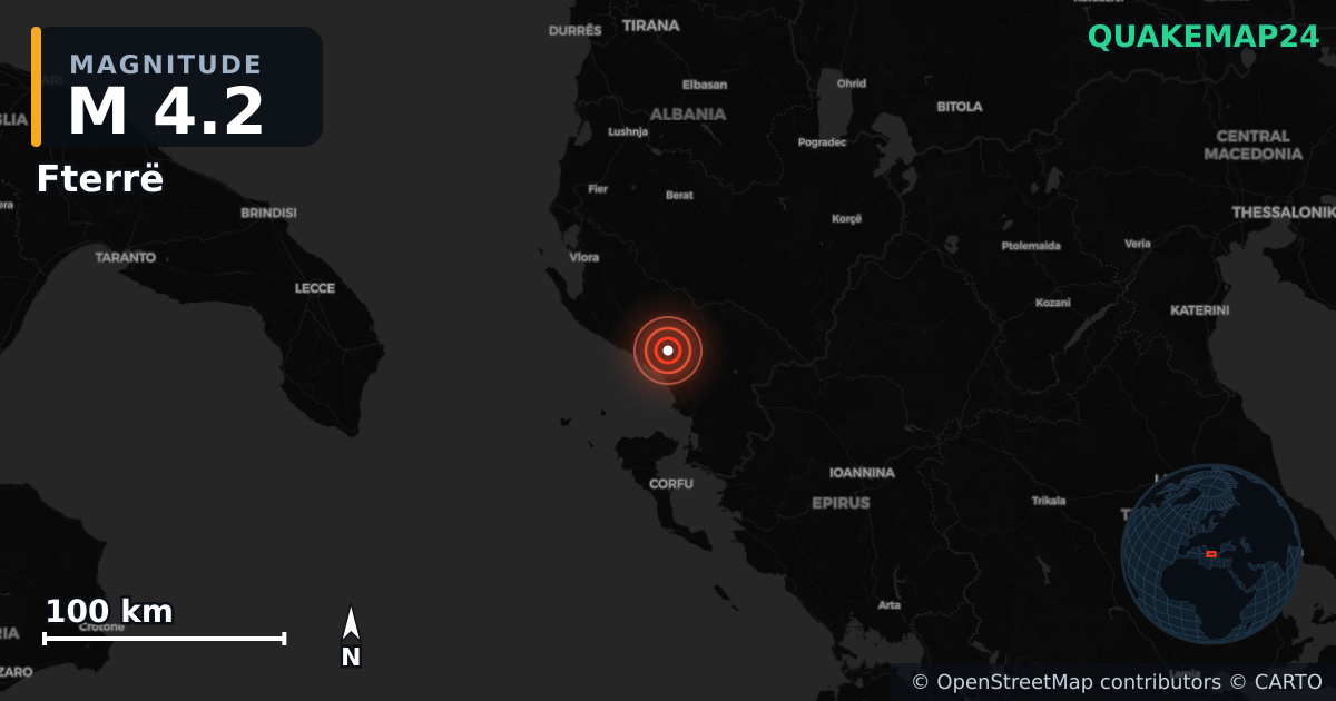 M4.2 earthquake near Fterrë on Jun 12, 2026 — map of epicenter and shaking intensity | QuakeMap24