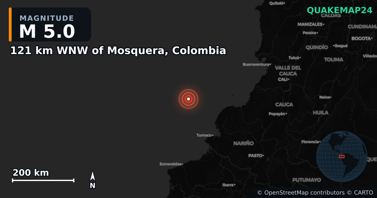 121 km WNW of Mosquera, Colombia yakınında M5,0 deprem — Deprem merkez üssünün konumunu gösteren harita