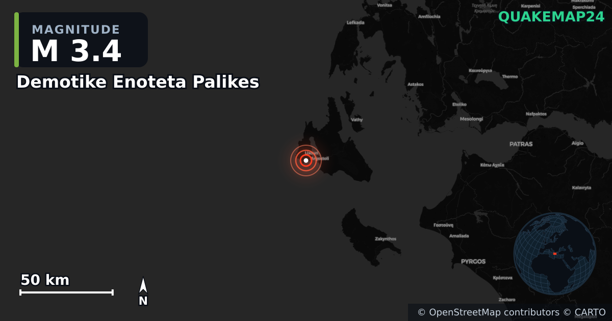 M3.4 earthquake near Demotike Enoteta Palikes on Jan 10, 2026 — map of epicenter and shaking intensity | QuakeMap24