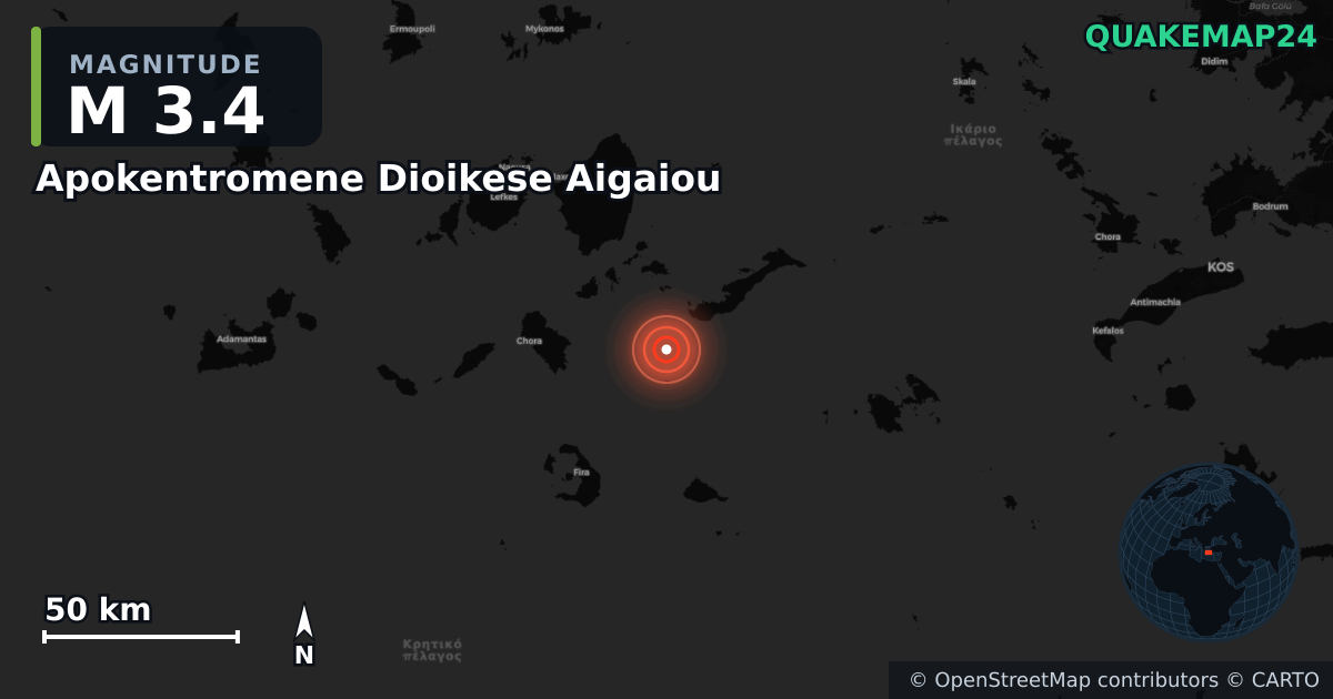 M3.4 earthquake near Apokentromene Dioikese Aigaiou on Jan 4, 2026 — map of epicenter and shaking intensity | QuakeMap24