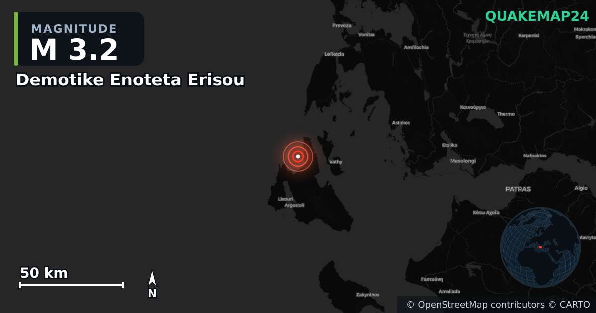 M3.2 earthquake near Demotike Enoteta Erisou on May 30, 2026 — map of epicenter and shaking intensity | QuakeMap24