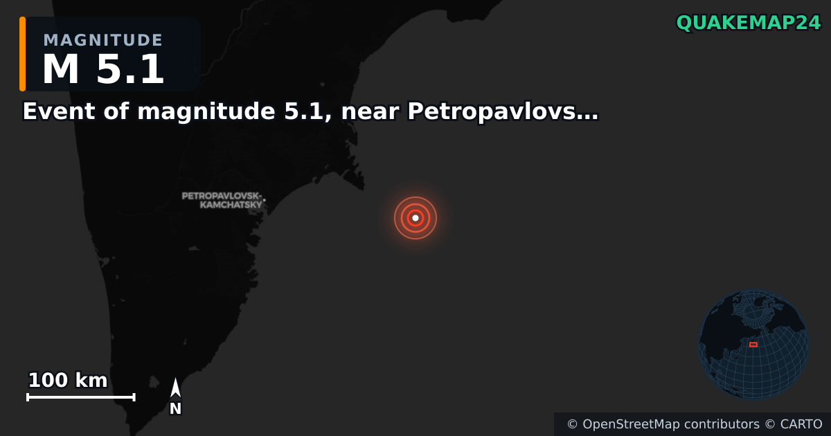 M5.1 earthquake near Event of magnitude 5.1, near Petropavlovsk Kamchatskiy (Monde) on Jun 19, 2026 — map of epicenter and shaking intensity | QuakeMap24