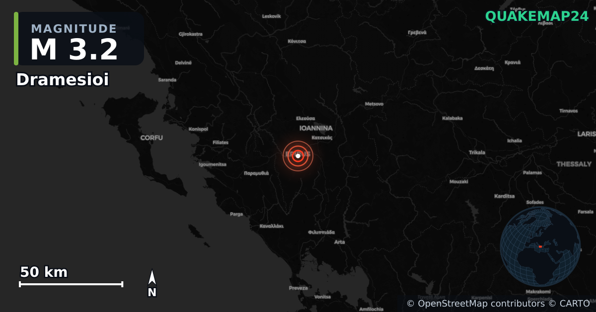 M3.2 earthquake near Dramesioi on Apr 7, 2026 — map of epicenter and shaking intensity | QuakeMap24
