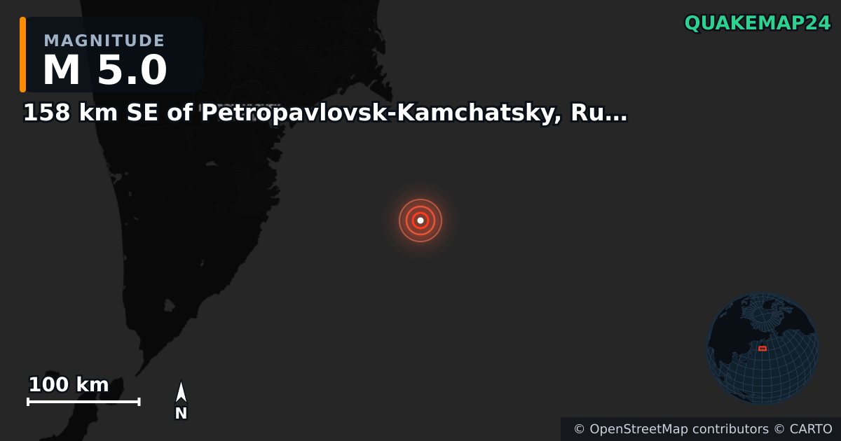 M5.0 earthquake near 158 km SE of Petropavlovsk-Kamchatsky, Russia on Aug 10, 2025 — map of epicenter and shaking intensity | QuakeMap24