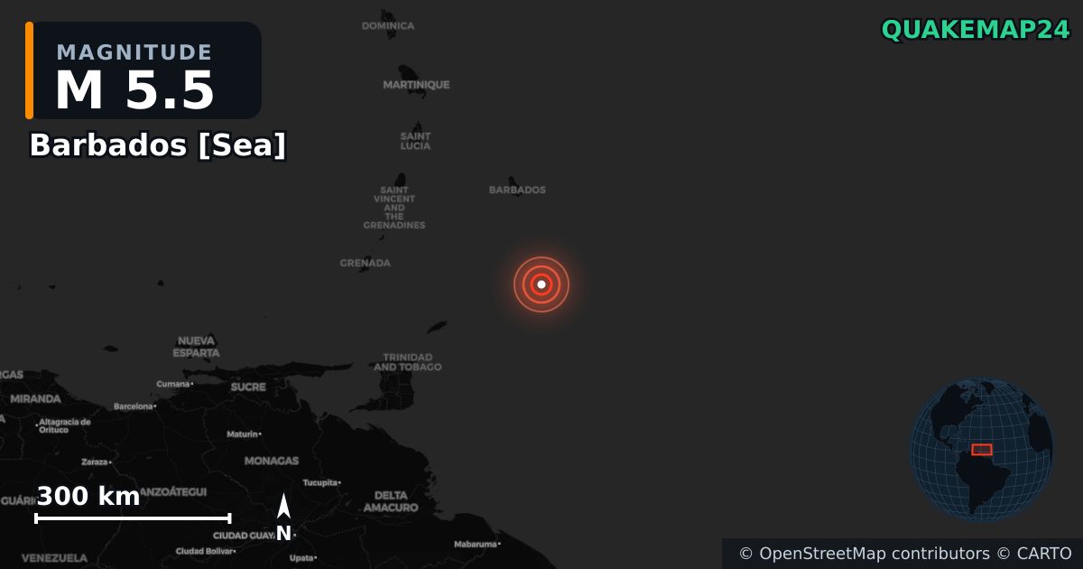 Erdbeben M5,5 bei Barbados [Sea] — Karte der Lage des Epizentrums