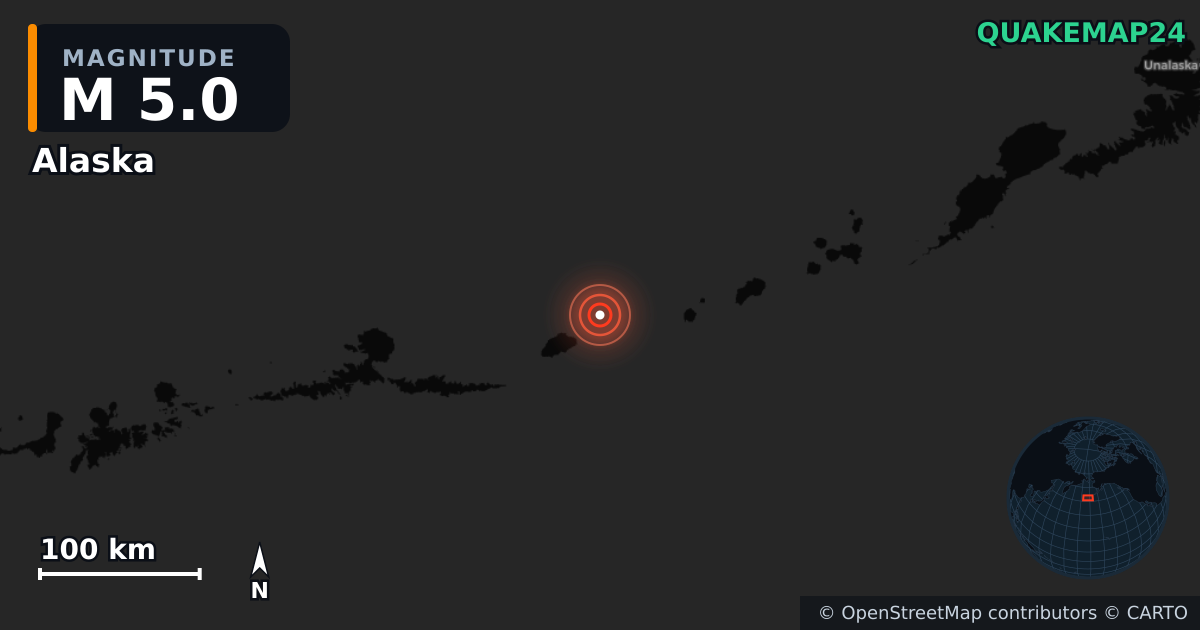 M5.0 earthquake near Alaska on Apr 11, 2026 — map of epicenter and shaking intensity | QuakeMap24