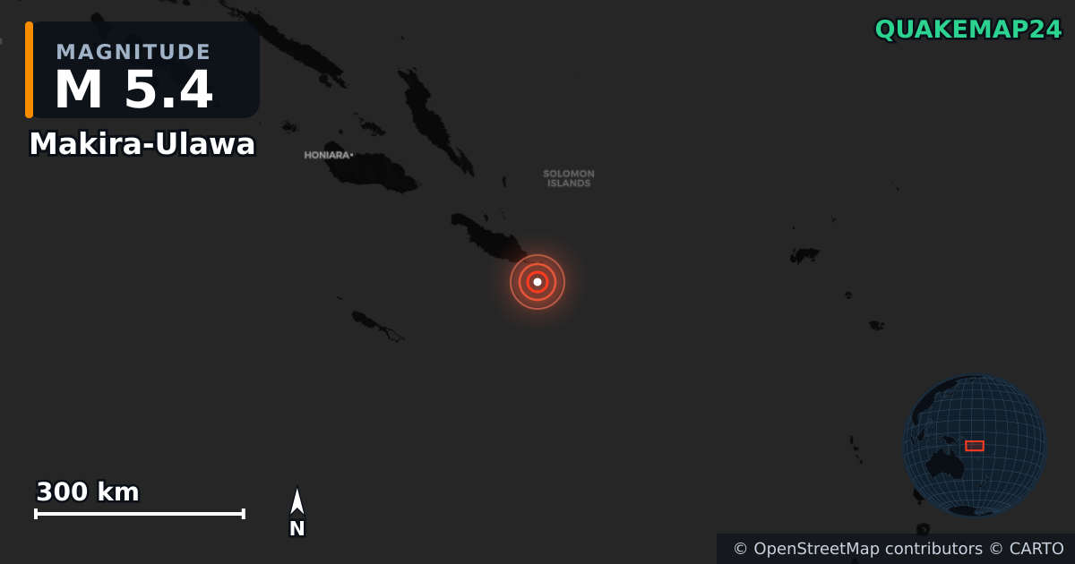 M5.4 earthquake near Makira-Ulawa on Feb 21, 2026 — map of epicenter and shaking intensity | QuakeMap24