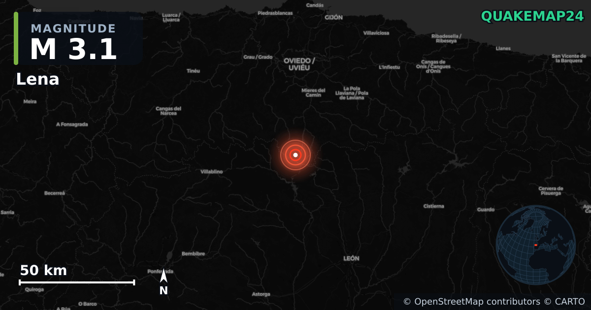 M3.1 earthquake near Lena on Jun 17, 2026 — map of epicenter and shaking intensity | QuakeMap24