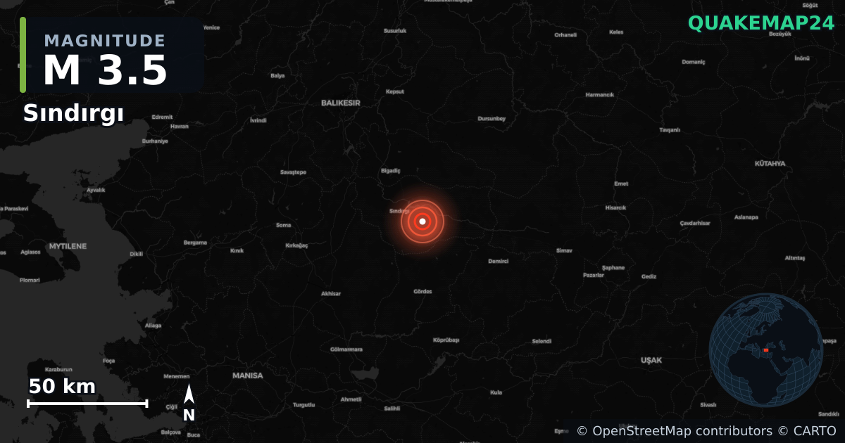 M3.5 earthquake near Sındırgı on Jan 23, 2026 — map of epicenter and shaking intensity | QuakeMap24