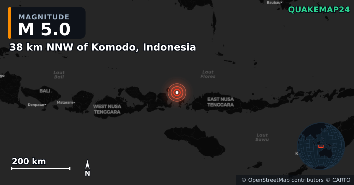 M5.0 earthquake near 38 km NNW of Komodo, Indonesia on Jan 7, 2025 — map of epicenter and shaking intensity | QuakeMap24