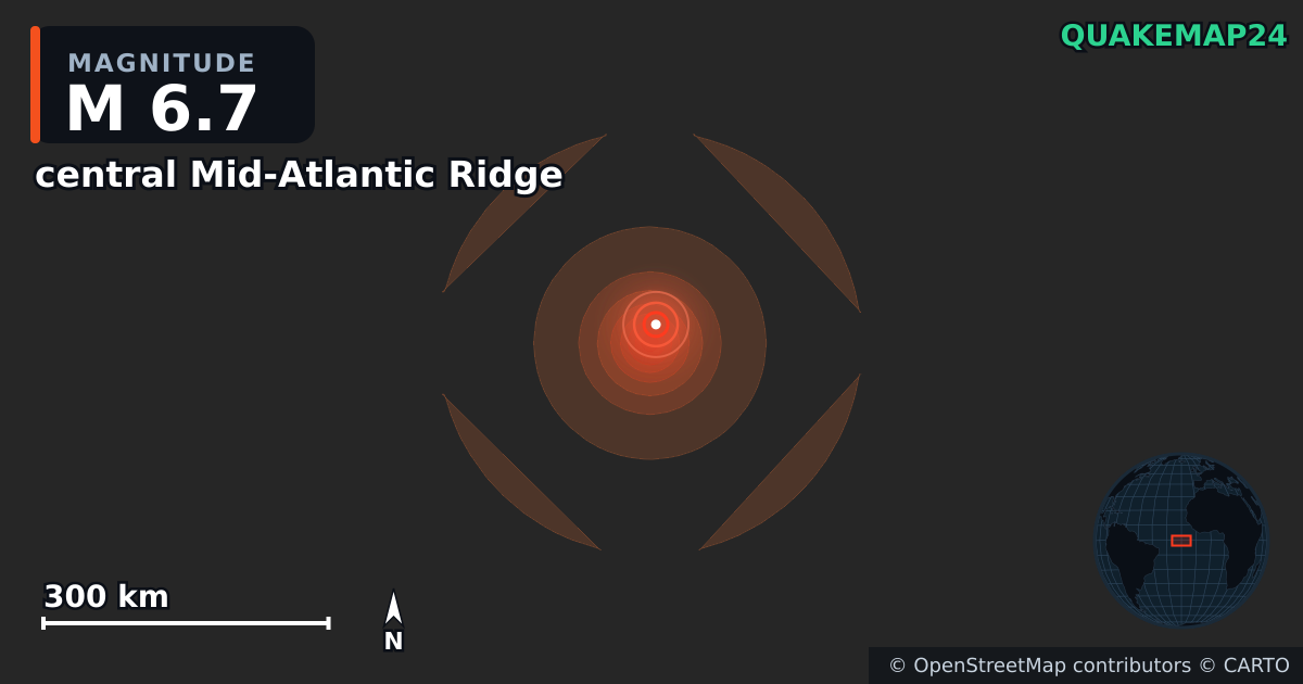 M6.7 Earthquake near central Mid-Atlantic Ridge · 2026-06-17 — Map showing the location of the epicenter