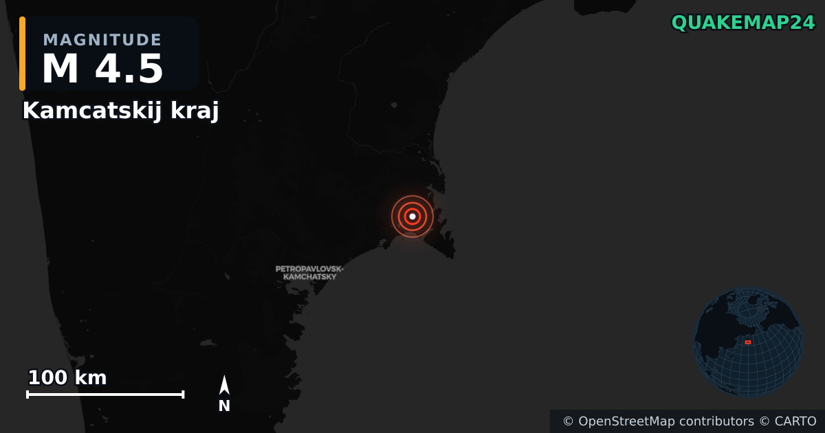 M4.5 earthquake near Kamcatskij kraj on Dec 6, 2025 — map of epicenter and shaking intensity | QuakeMap24