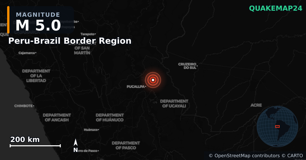M5.0 earthquake near Peru-Brazil Border Region on Jun 3, 2026 — map of epicenter and shaking intensity | QuakeMap24