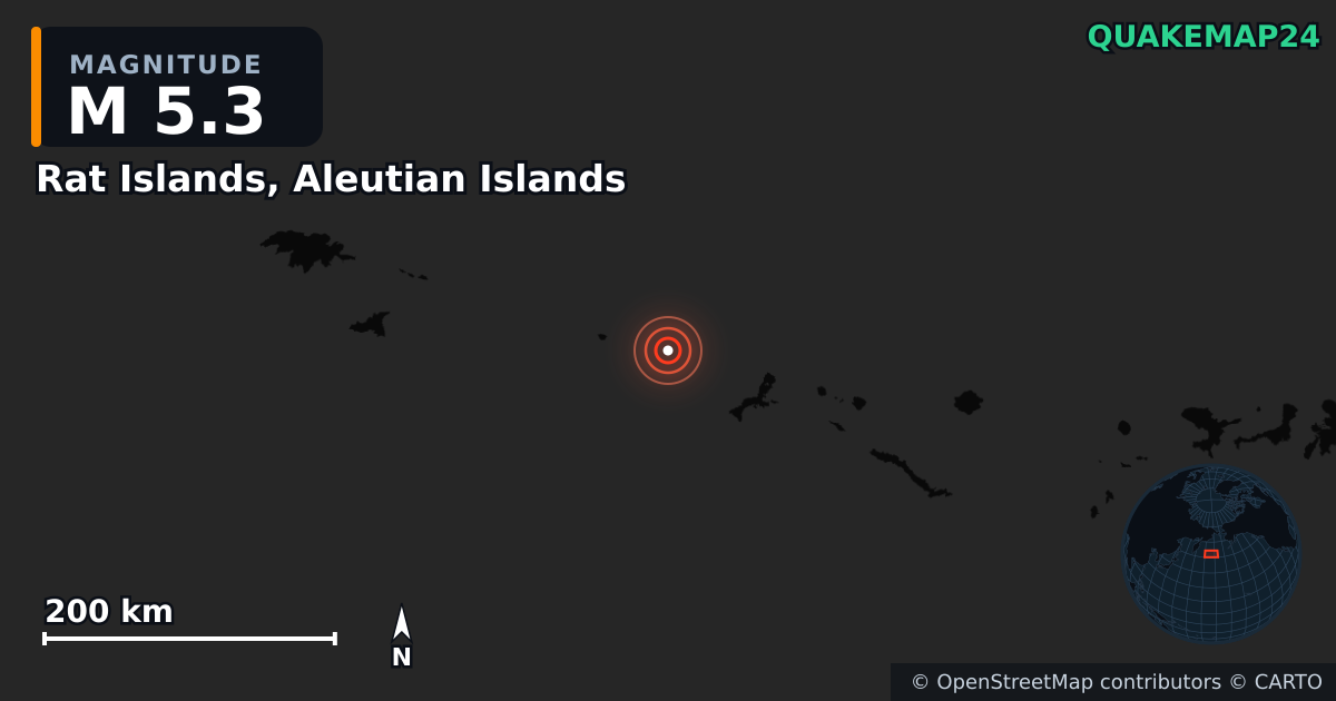 M5.3 earthquake near Rat Islands, Aleutian Islands on Mar 2, 2026 — map of epicenter and shaking intensity | QuakeMap24