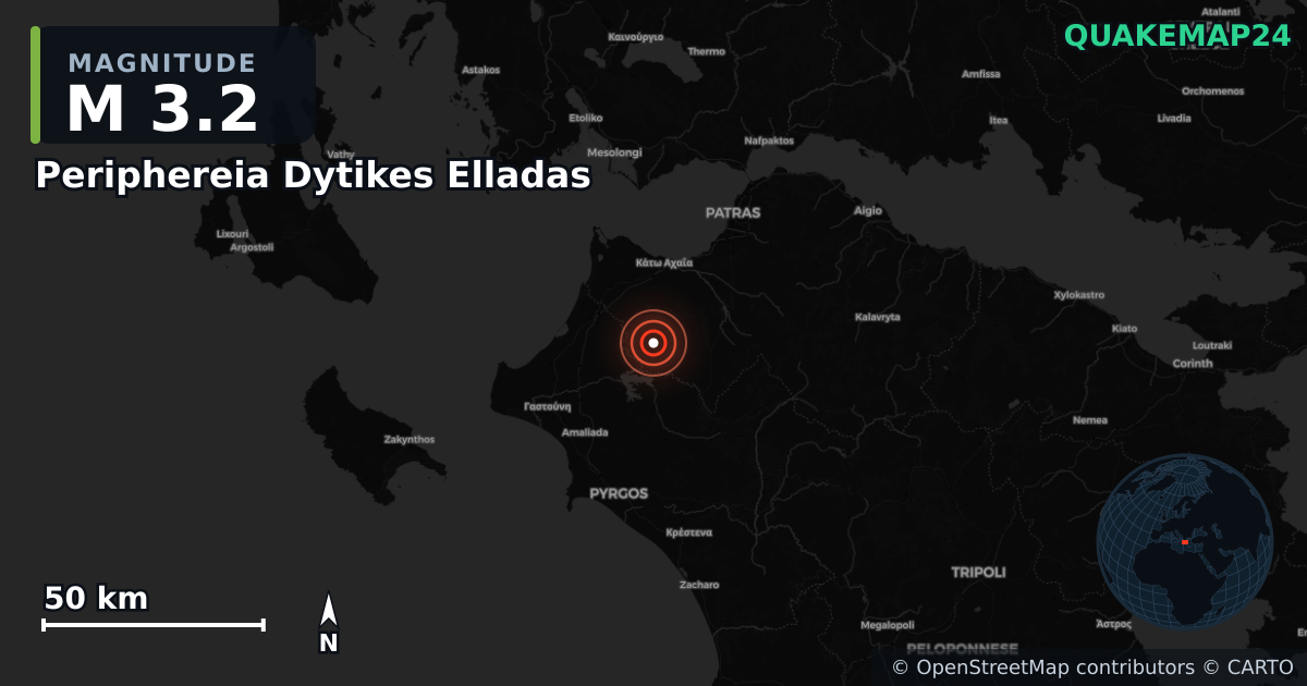 M3.2 earthquake near Periphereia Dytikes Elladas on Dec 4, 2025 — map of epicenter and shaking intensity | QuakeMap24