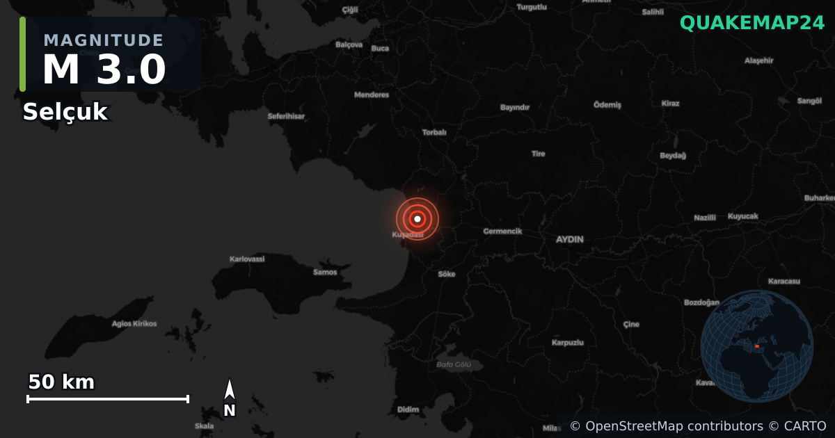 M3.0 earthquake near Selçuk on Aug 29, 2025 — map of epicenter and shaking intensity | QuakeMap24