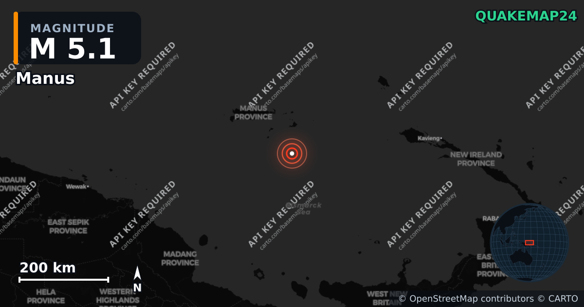 M5.1 earthquake near Manus on May 17, 2026 — map of epicenter and shaking intensity | QuakeMap24