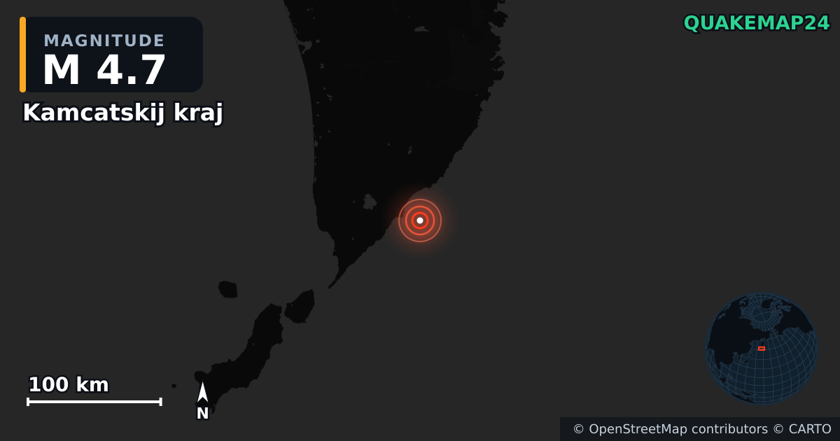 M4.7 earthquake near Kamcatskij kraj on Aug 8, 2025 — map of epicenter and shaking intensity | QuakeMap24