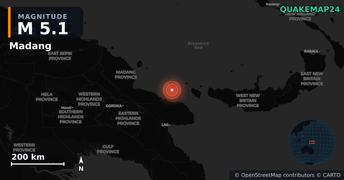 M5.1 earthquake near Madang on Jan 14, 2026 — map of epicenter and shaking intensity | QuakeMap24