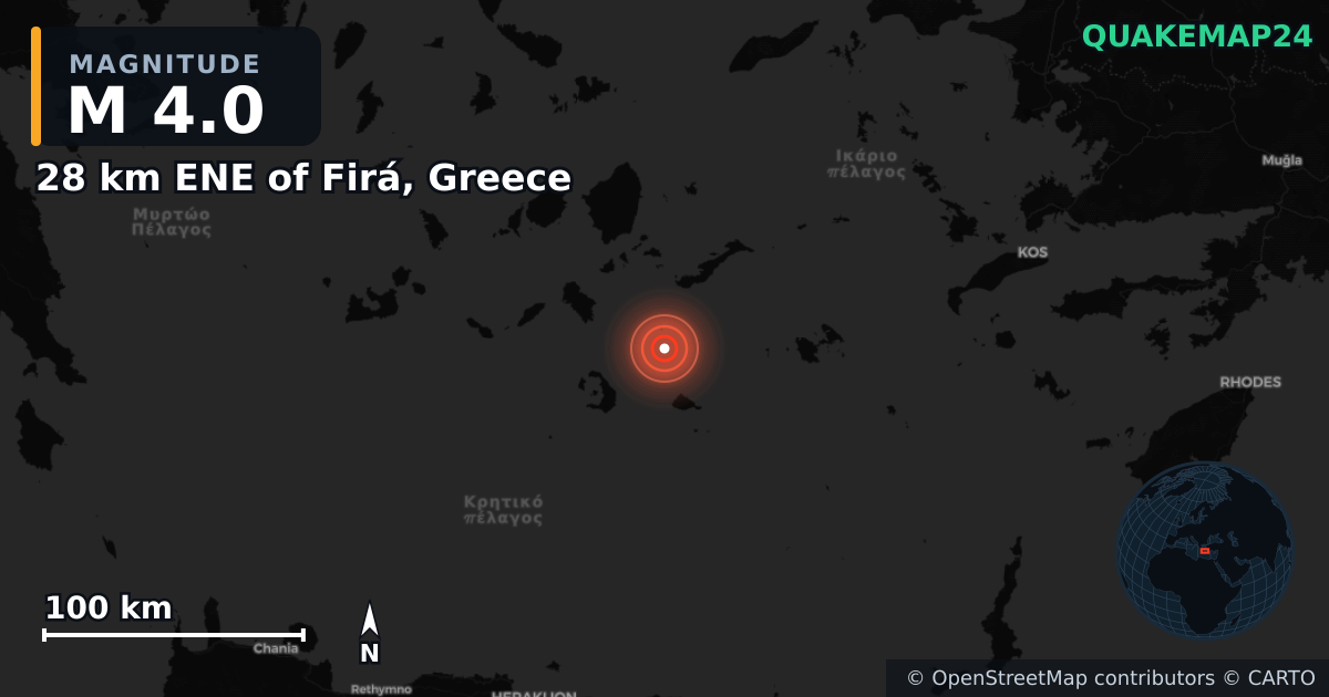 M4.0 earthquake near 28 km ENE of Firá, Greece on Feb 10, 2025 — map of epicenter and shaking intensity | QuakeMap24