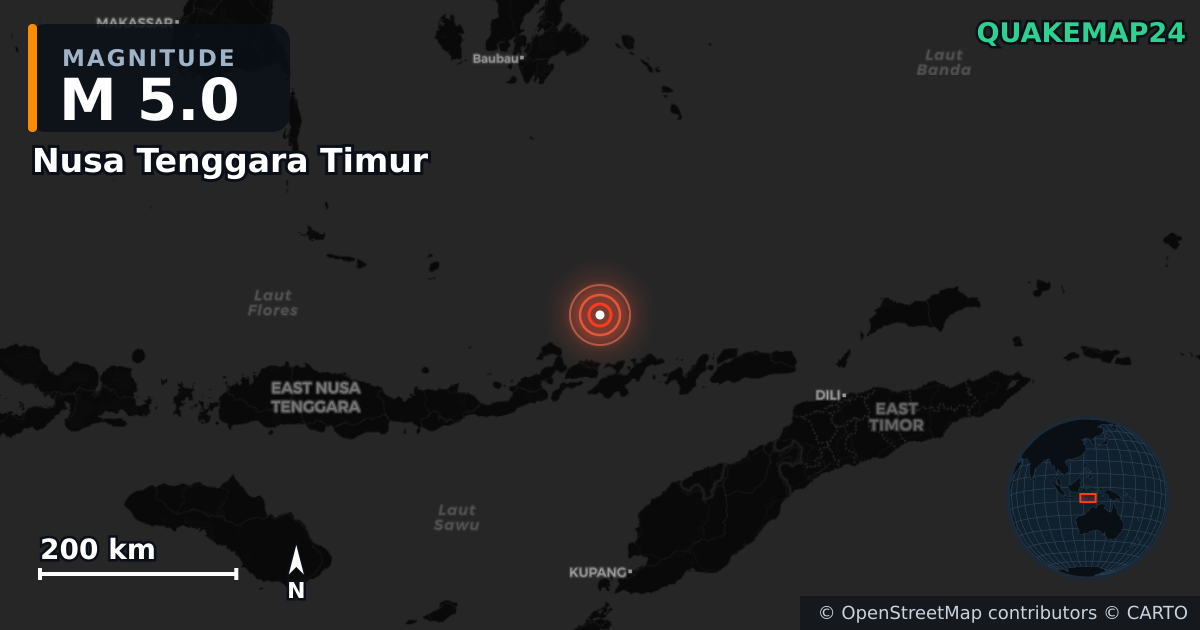 M5.0 earthquake near Nusa Tenggara Timur on Oct 19, 2025 — map of epicenter and shaking intensity | QuakeMap24
