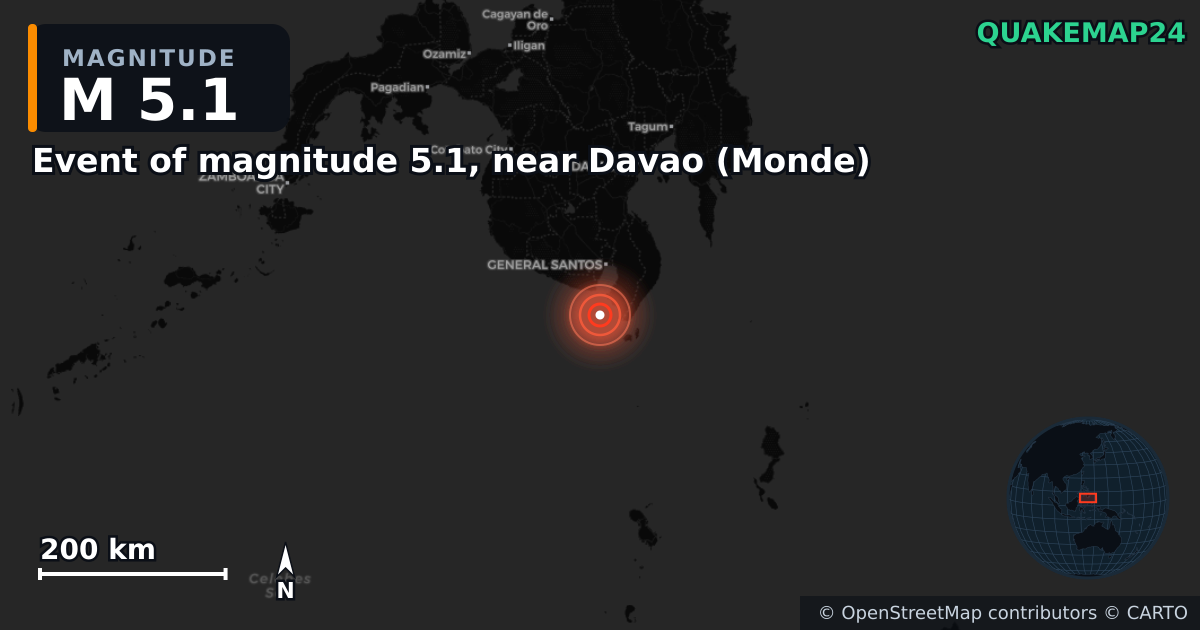 M5.1 earthquake near Event of magnitude 5.1, near Davao (Monde) on Jun 8, 2026 — map of epicenter and shaking intensity | QuakeMap24