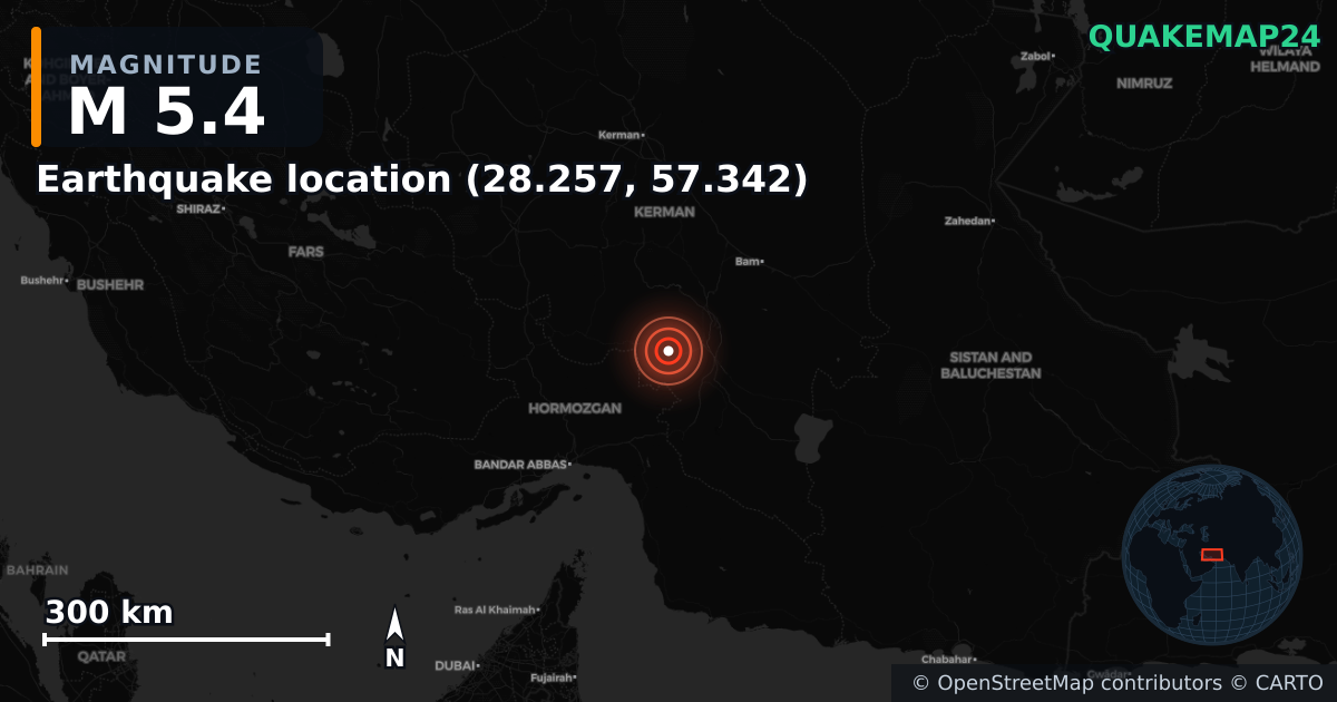 M5.4 earthquake near Local do sismo (28.257, 57.342) on May 28, 2025 — map of epicenter and shaking intensity | QuakeMap24
