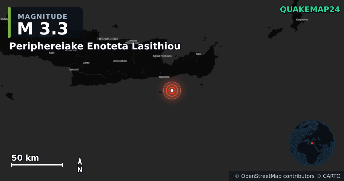M3.3 earthquake near Periphereiake Enoteta Lasithiou on Feb 1, 2026 — map of epicenter and shaking intensity | QuakeMap24
